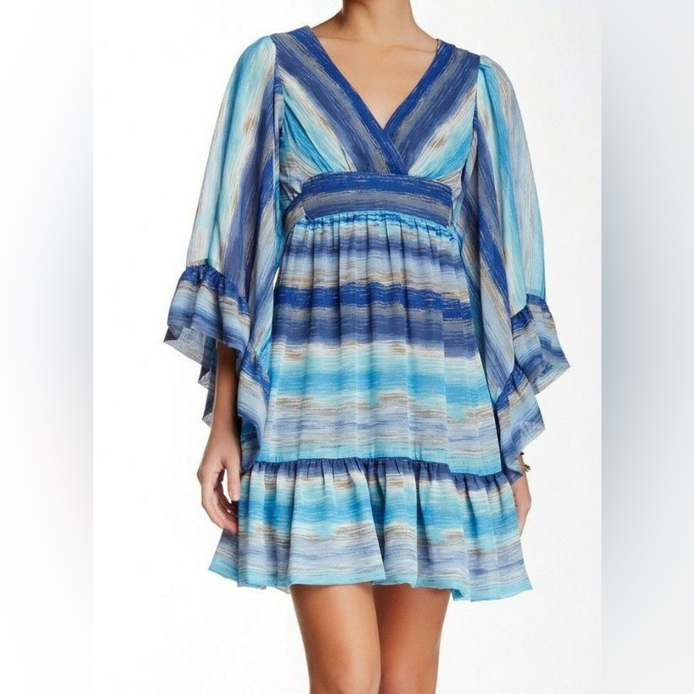 Betsey Johnson Blue Striped V-Neck Flutter Sleeve Dress